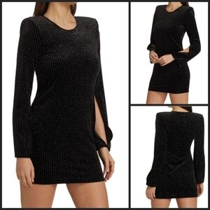 NWT L'agence Eden Black Velvet Silver Threaded Slit Sleeve Mini Dress